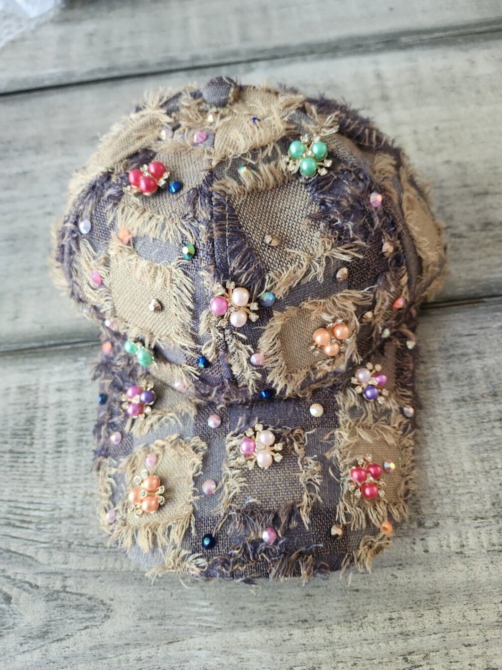 Baseball Hat Plaid frayed Bead Studded Brown and Tan